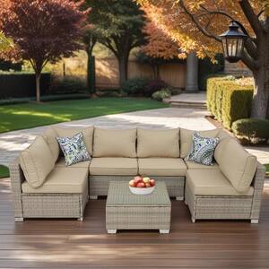 7-Piece Brown Wicker Outdoor Sofa Loveseat Patio Conversation Seating Set with Field Gray Cushions and Sloped Back
