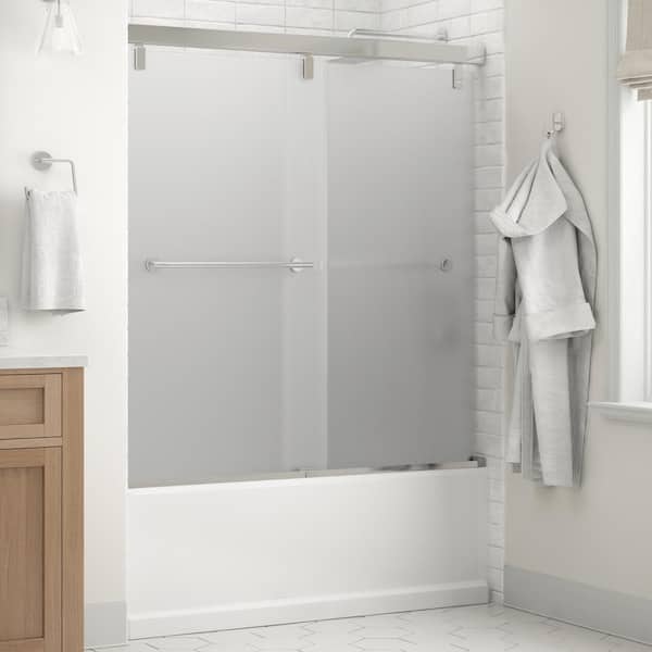 Delta Crestfield Mod 50-1/8 to 58-1/2 in. W x 59- H Soft-Close Frameless Sliding Tub Door, Chrome, Frosted Glass