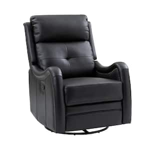 Gema Black Genuine Leather Swivel Rocker Recliner with Nailhead Trims for Living Room