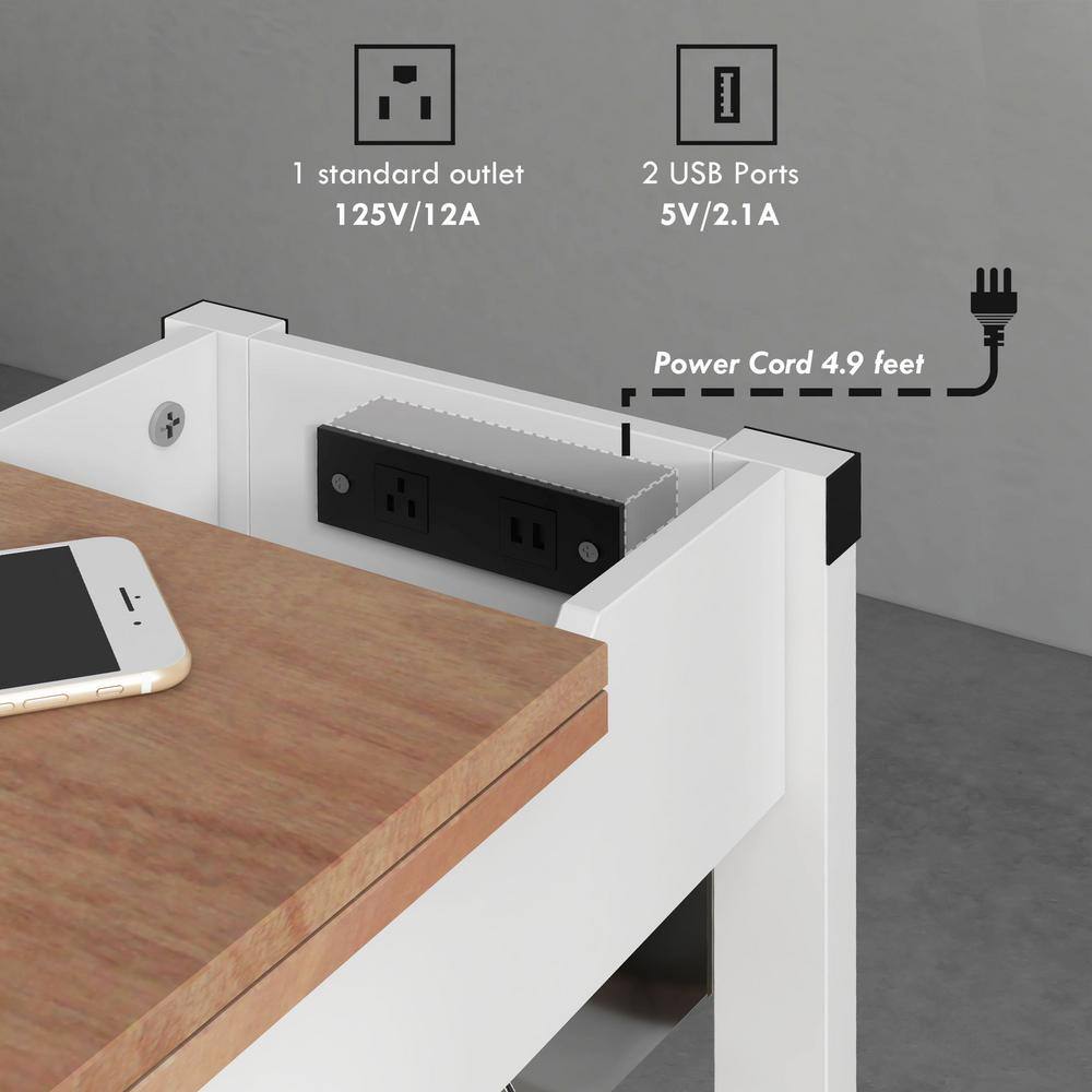 White Wood Side Table with Charging Station and Storage Shelves