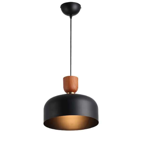 11.8 in. 1-Light Dome Pendant Light with Black Metal Shade, Industrial Adjustable Height Wood Chandelier
