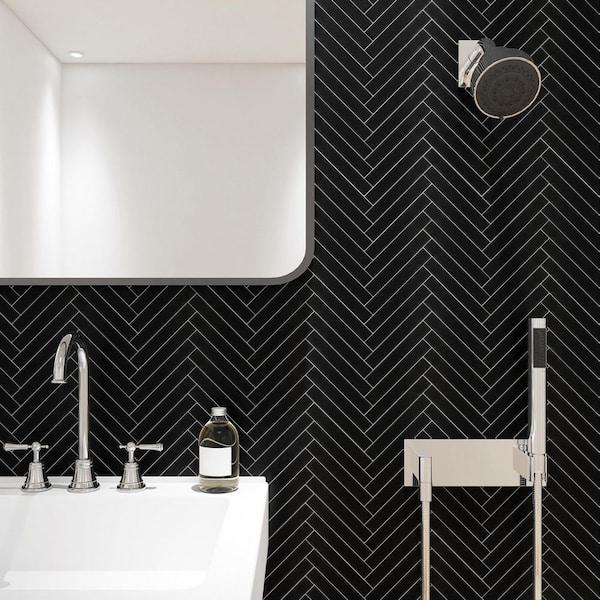 Porcetile Black 8.27 in. x 9.77 in. Herringbone Matte Porcelain Mosaic Wall and Floor Tile (5.7 sq. ft./Case)