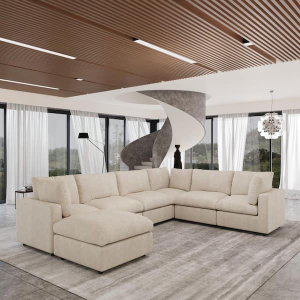 134 in. Square Arm Chenille 7-Piece Modular Free Combination Convertible Sectional Sofa with Movable Covers in Beige