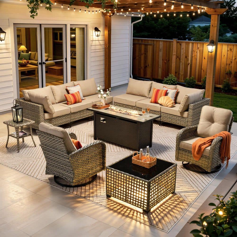 OVIOS Vinceny Gray 11-Piece Wicker 54 in. Rectangle Fire Pit Patio