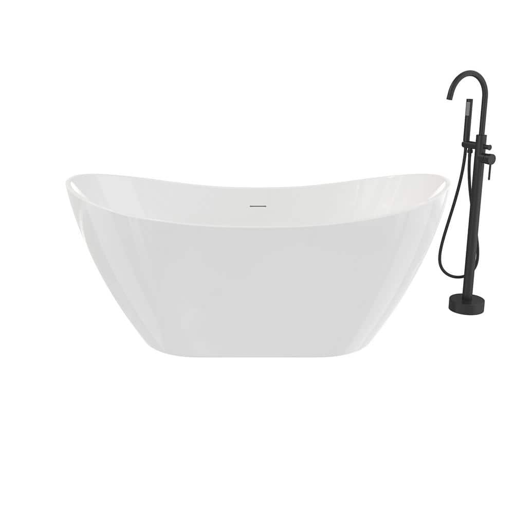 Mahaba 60 in. x 29 in. Soaking Non-Whirlpool Freestanding Bathtub in White with Freestanding Faucet in Matte Black -  MAAX, 107510000001103