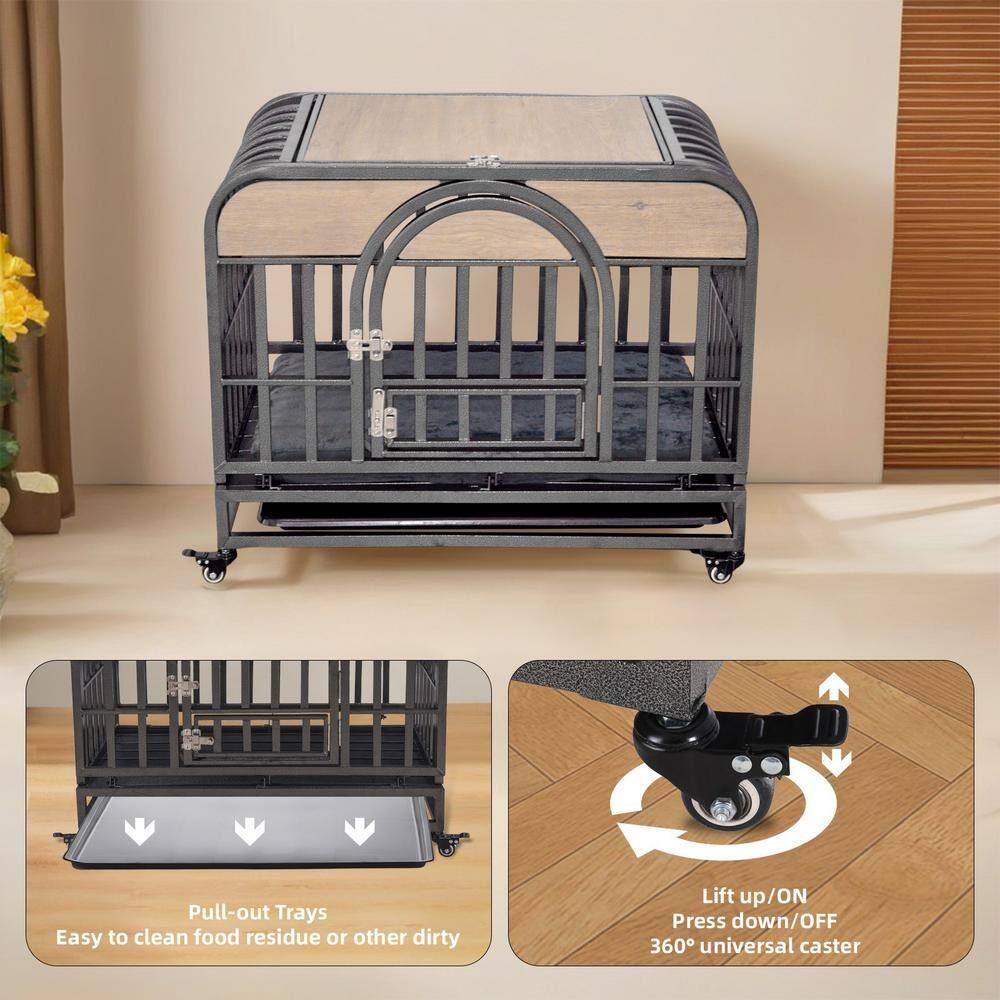 37-Inch Gray Rolling Heavy-Duty Dog Crate with Removable Trays
