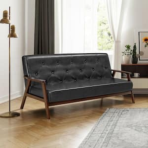 66 in. W Square Arm PU Leather Upholstered Straight Sofa with Rubber Wood Legs in Black