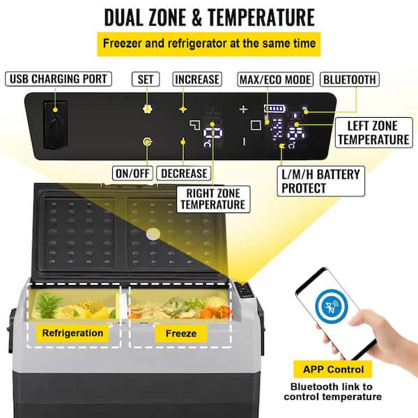 VEVOR 2.12 cu. ft. Dual Zone Car Fridge App Control Portable Freezer with  Wheels for Vehicle Outdoor Refrigerator in Black FTBZPE60L110V2ZNTV1 - The  Home Depot