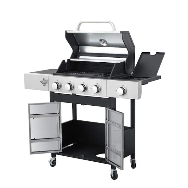 3-Burner Portable Propane Gas Grill in Stainless Steel with Side Burner and Condiment Rack, and Built-in Thermometer
