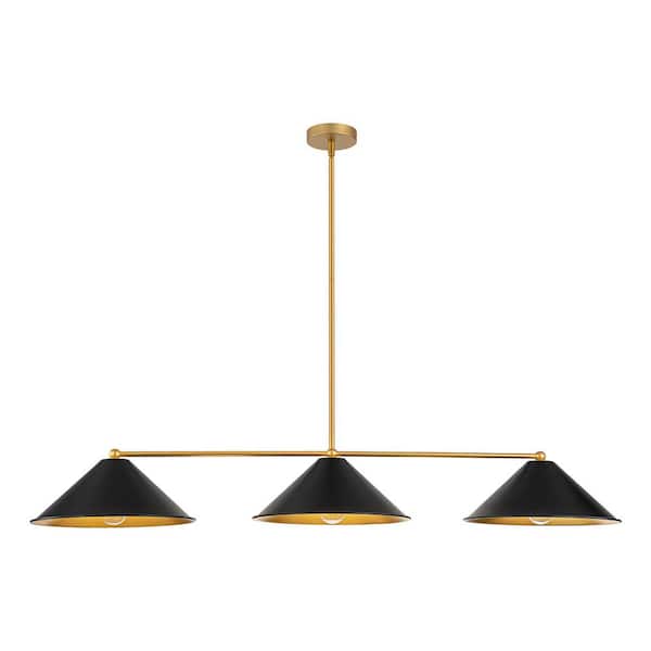 RRTYO Lani 3-Light Black and Gold Metal Industrial Cone Linear Chandelier for Kitchen Island Dining Room