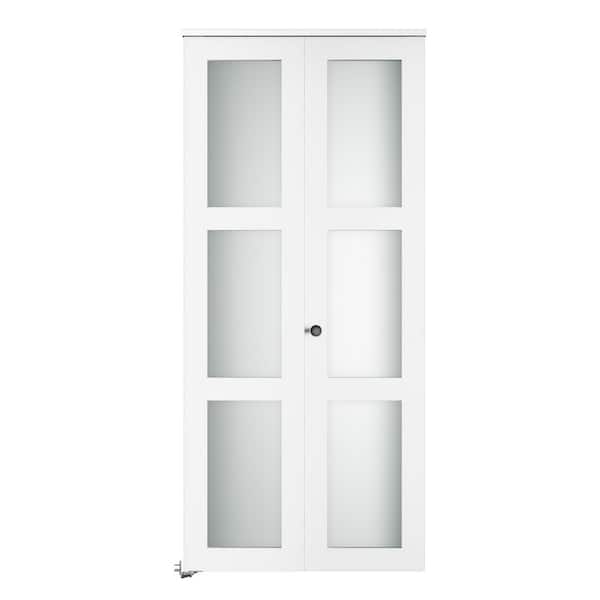32 in. x 78.75 in. 3-Lite Frosted Glass Solid Core White Finished MDF Composite Bi-Fold Door with Hardware