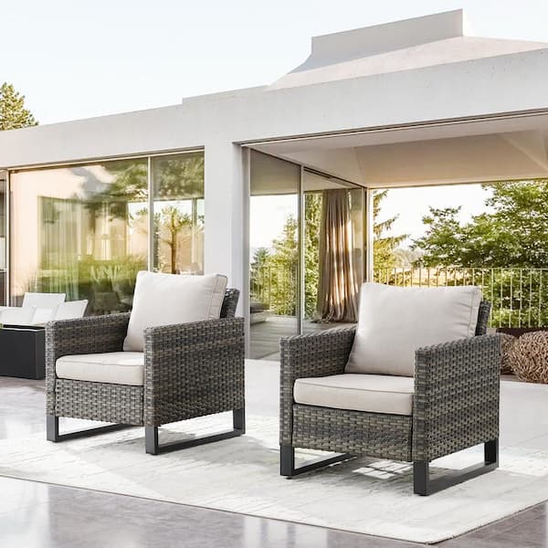 Opohoro U-Weave Metal and Gray Wicker Outdoor Lounge Chair with Olefin Beige Cushions (2-Pack)