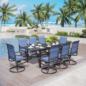 Black 9-Piece Metal Outdoor Patio Dining Set with Extendable Table and Padded Blue Textilene Swivel Chairs