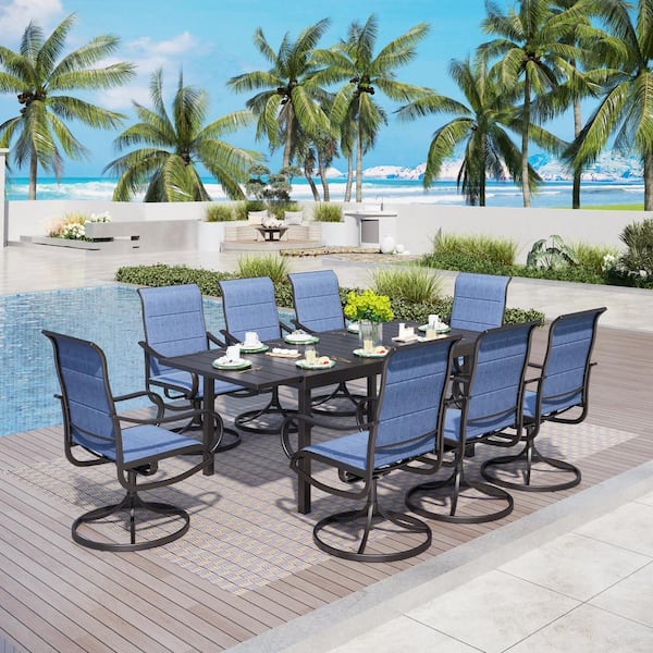 PHI VILLA Black 9-Piece Metal Outdoor Patio Dining Set with Extendable Table and Padded Blue Textilene Swivel Chairs