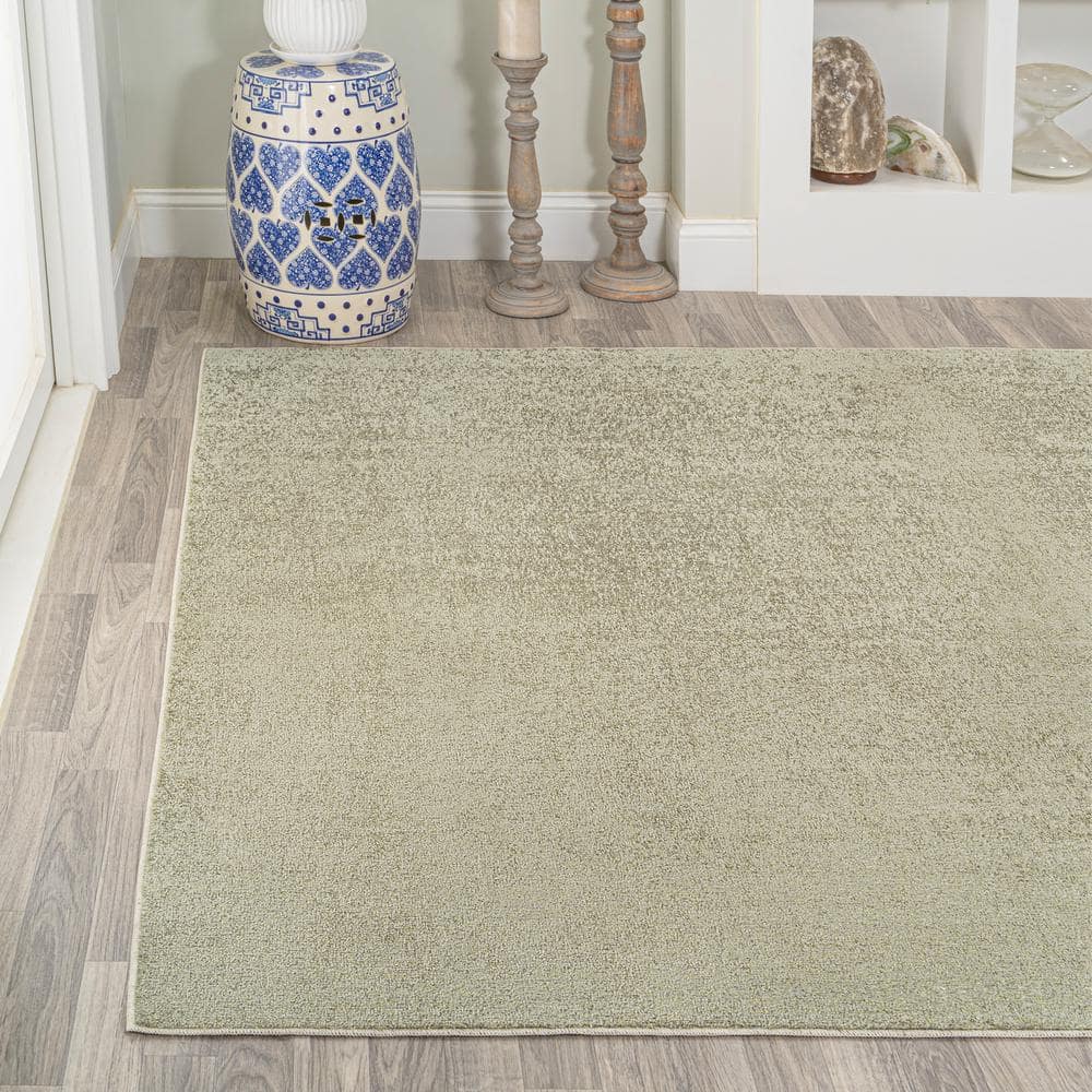 Sage Green Low-Pile Machine-Washable Synthetic Rectangular Area Rug