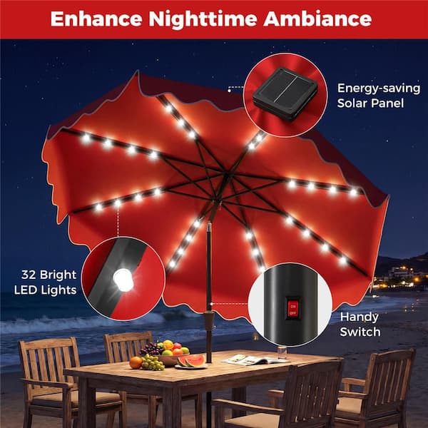 costway 10ft solar powered led patio umbrella Costway 10 ft. Outdoor Patio Umbrella with 32 Solar LED Lights and Weighted  Base, Sandbags in Red HCST12963