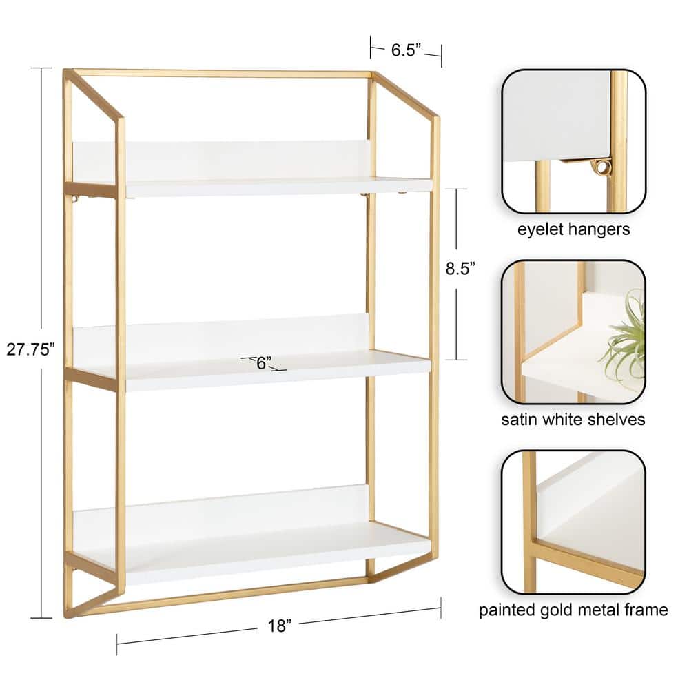 Elegant White and Gold 3-Tier Floating Wooden Wall Shelf