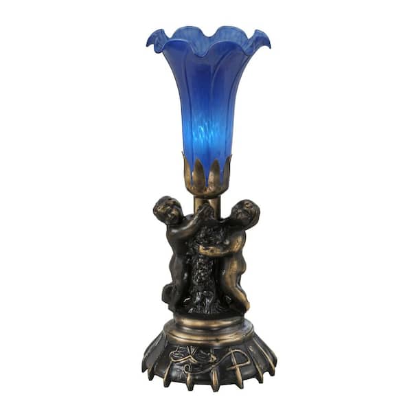 Pond Lily 12 in. Mahogany Bronze Novelty Victorian Twin Cherub Table Lamp with Blue Glass Shade