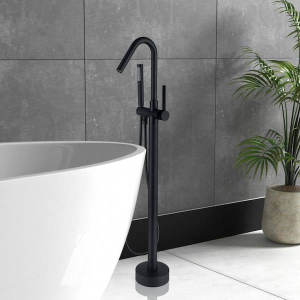 Single-Handle High Arch Floor Mount Freestanding Tub Faucet Bathtub Filler with Hand Shower in Matte Black