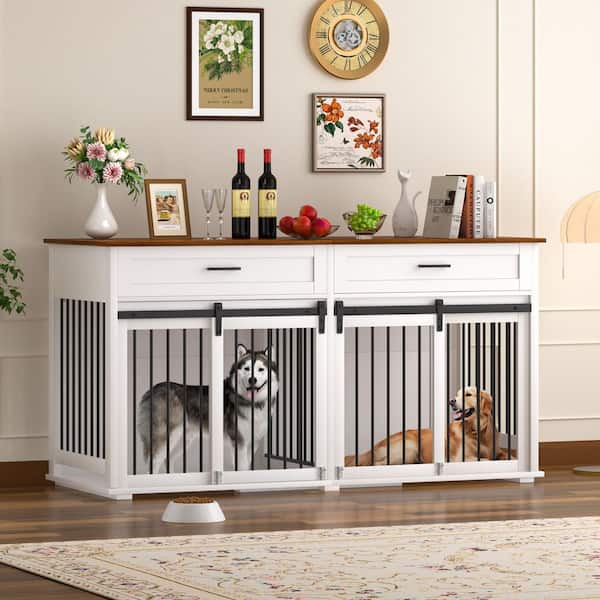Wooden Dog Crate Furniture Dog Kennel Doghouse Accent Storage Cabinet with 2-Drawers and Divider