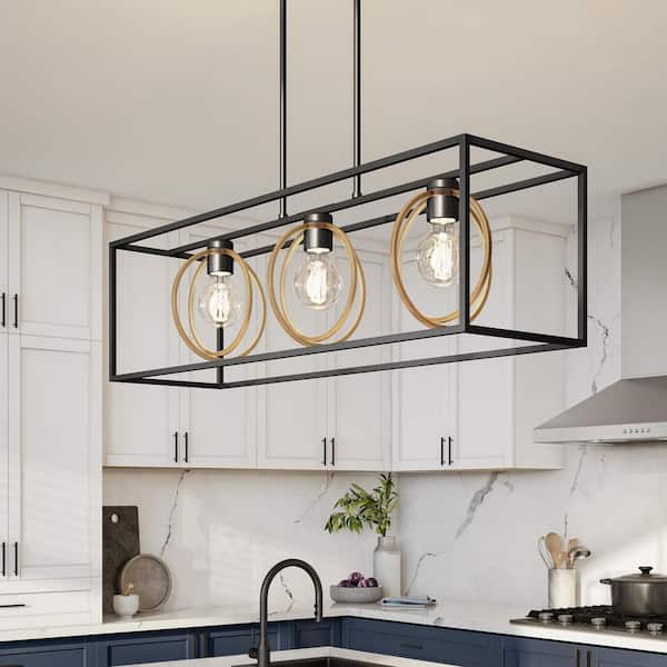 Kew Gardens 3-Light Matte Black Modern Linear Chandelier for Kitchen Islands with No Bulbs Included