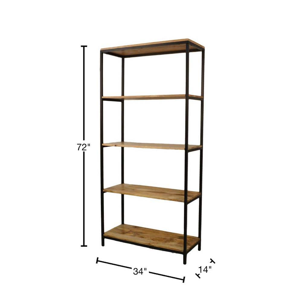 72" Natural Mango Wood and Black Metal Tall Bookcase
