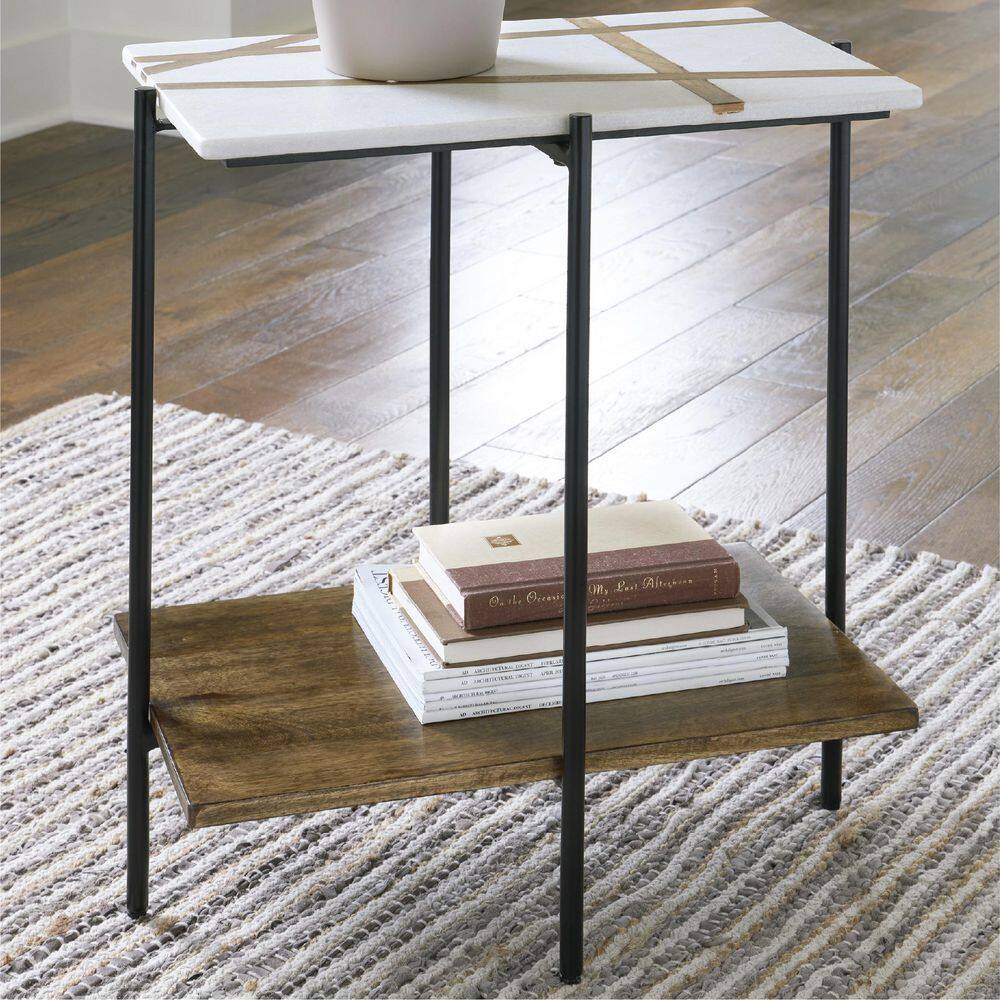 Braxmore 22 in. White/Brown Rectangle Marble End Table with Shelves - thumbnail 6