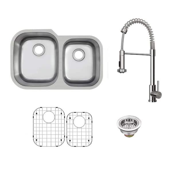 31.5 in. Undermount 60/40 Double Bowl 16-Gauge Stainless Steel Kitchen Sink with Pull Down Sprayer Industrial Faucet