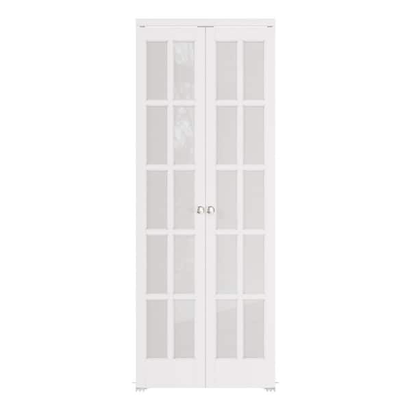 30 in. x 80 in. Frosted Glass Solid Core MDF Bi-fold Door Plus French Style Pivot Hardware (10-Lite White Finish)
