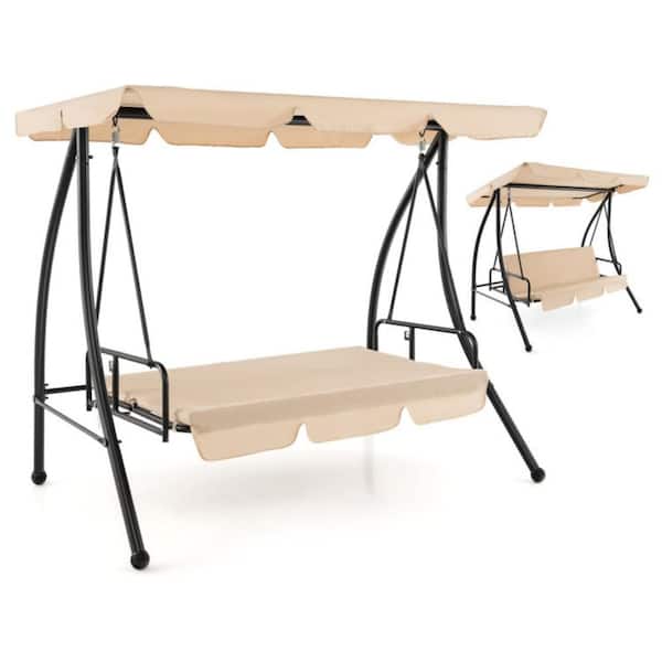 2-Person Black Metal Convertible Patio Swing Chair with Flat Bed and Adjustable Canopy