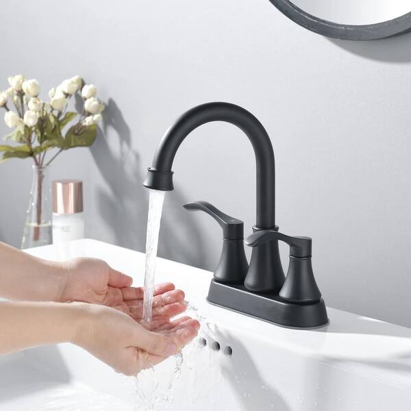 Staykiwi 4 in. Centerset Double Handle Mid Arc Bathroom Faucet with Drain Kit Included in Matte Black