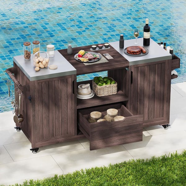 Farmhouse Dark Brown Steel 66.5 in. Outdoor Patio Internal Rack Kitchen Island Compatible 21 in. Big Grills with Drawer