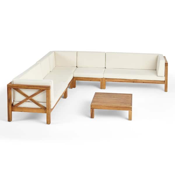 Noble House Brava Teak Brown 6-Piece Wood Outdoor Patio Conversation Sectional Seating Set with Beige Cushions
