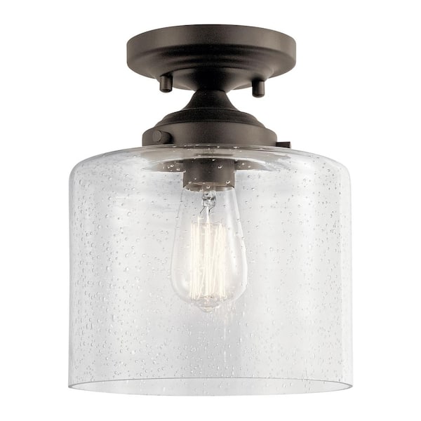 KICHLER Winslow 8.5 in. 1-Light Olde Bronze Hallway Contemporary Semi-Flush Mount Ceiling Light with Clear Seeded Glass
