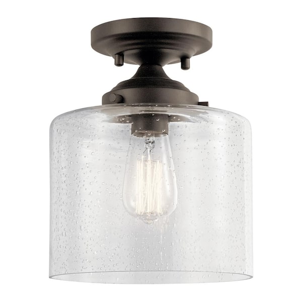 Winslow 8.5 in. 1-Light Olde Bronze Hallway Contemporary Semi-Flush Mount Ceiling Light with Clear Seeded Glass
