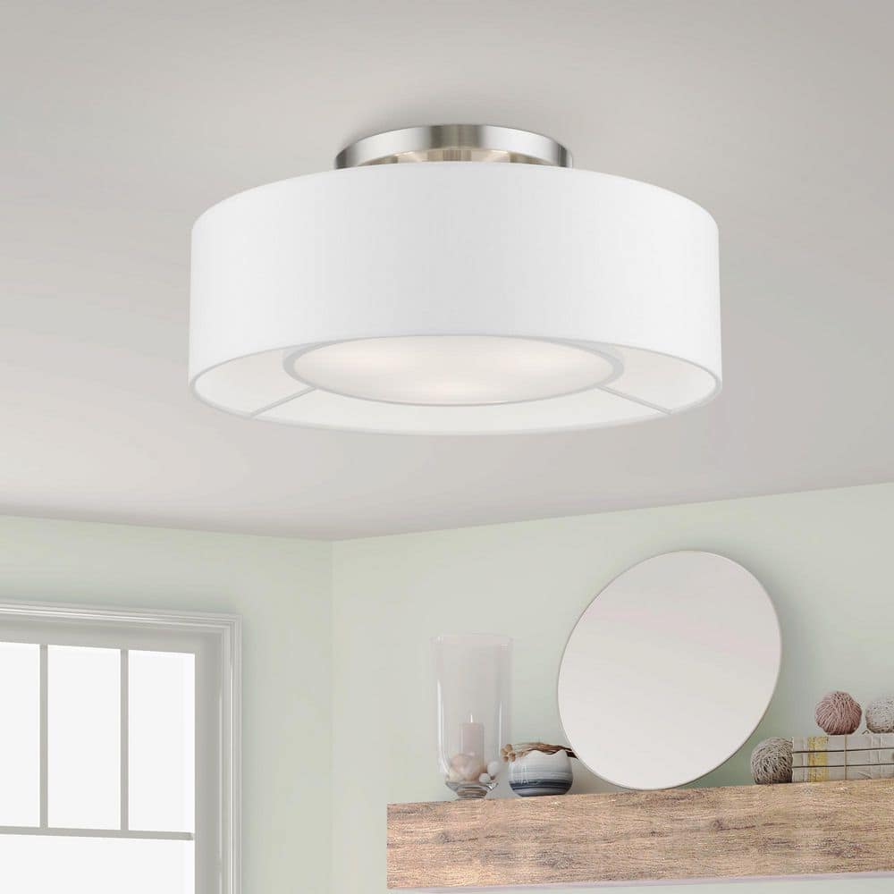 Elegant Brushed Nickel 3-Light Semi-Flush Mount with Off-White Drum Shade