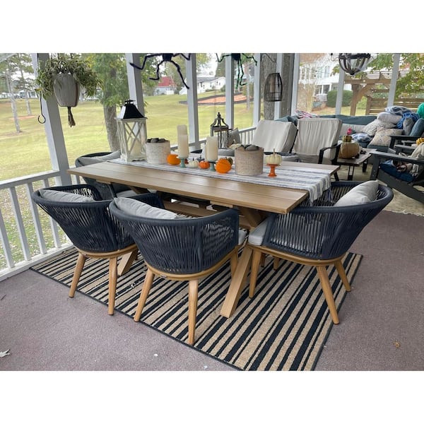 Teak-Finish 7-Piece Wicker Square Aluminum Frame Outdoor Dining Set and Pillows with Beige Cushions