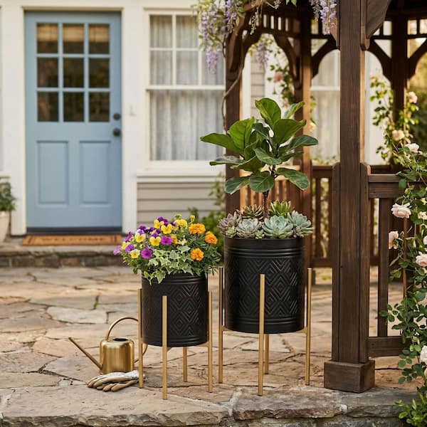 Black Metal Aztec Decorative Planters (14 in. W x 23 in. H) with Stand (Set of 2)