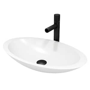 Matte Stone Wisteria Composite Oval Vessel Bathroom Sink in White with Ashford Faucet and Pop-Up Drain in Matte Black