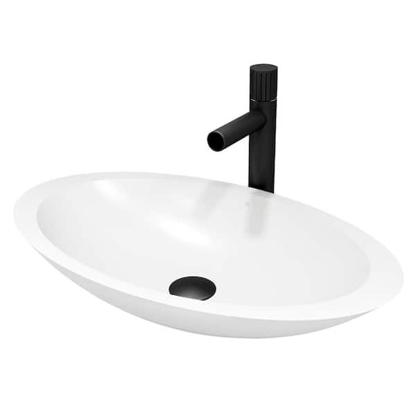 VIGO Matte Stone Wisteria Composite Oval Vessel Bathroom Sink in White with Ashford Faucet and Pop-Up Drain in Matte Black
