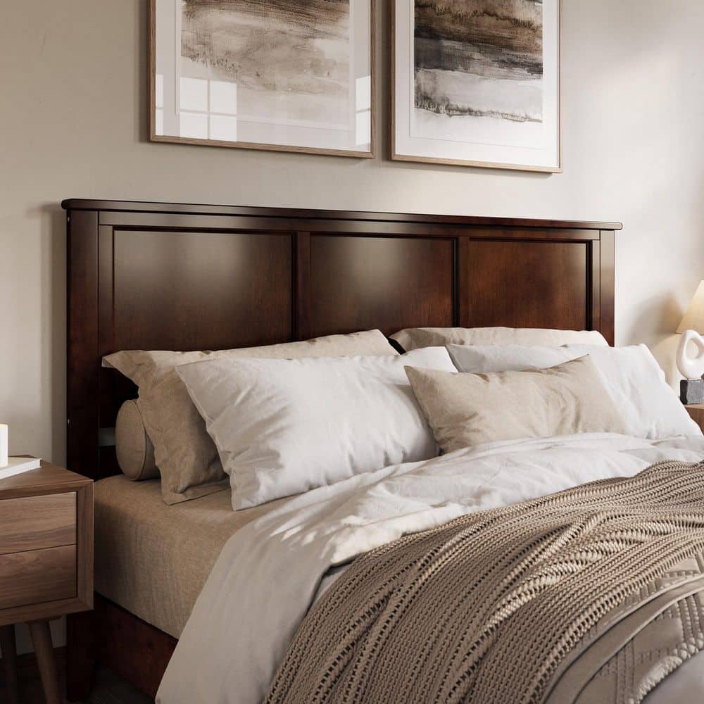 King Walnut Wood and Metal Panel Headboard