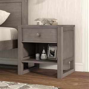 1-Drawer Anitque Gray Wooden Nightstand with Open Storage (20.5 in. H x 20 in. W x 17 in. D)
