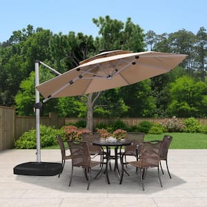 11 ft. Octagon Aluminum Solar Powered LED Patio Cantilever Offset Umbrella with Wheels Base, Beige