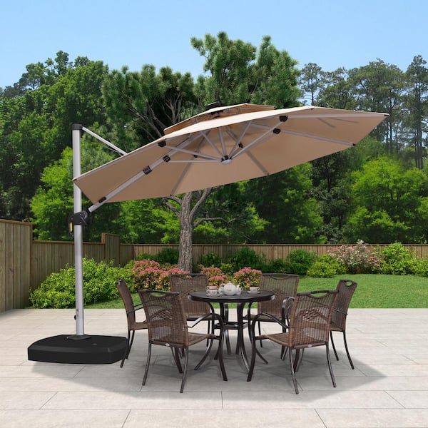 PURPLE LEAF 11 ft. Octagon Aluminum Solar Powered LED Patio Cantilever Offset Umbrella with Wheels Base, Beige