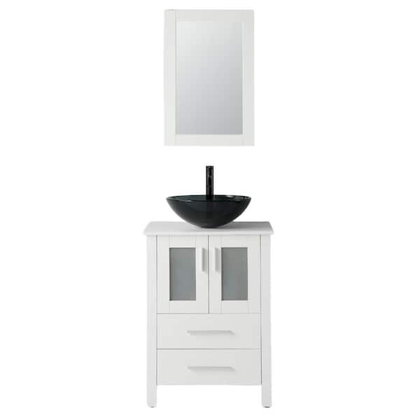 waterpar 24 in. W x 19 in. D x 33 in. H Single Sink Bath Vanity in Black Glass Round Vessel Sink with Top and Mirror