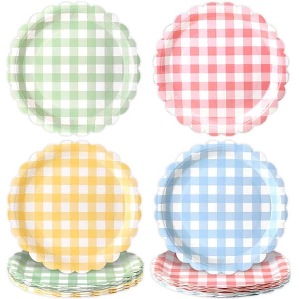 64-Piece Set of 9-Inch Disposable Gingham Dessert Paper Plates in Red, Blue, Green, and Yellow Scalloped