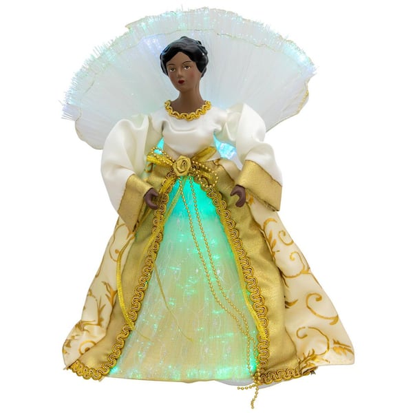 Lighted Fiber Optic African American Angel Christmas Tree Topper-12"-Gold