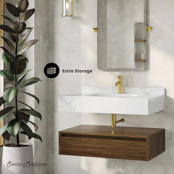 Avancer 36 in. Wall-Mounted Bath Vanity in Brown Oak with Ceramic White Marble Sink Top