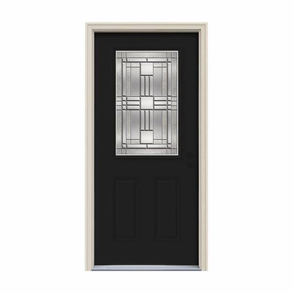 JELD-WEN 36 in. x 80 in. 1/2 Lite Cordova Black Painted Steel Prehung Left-Hand Inswing Front Door w/Brickmould