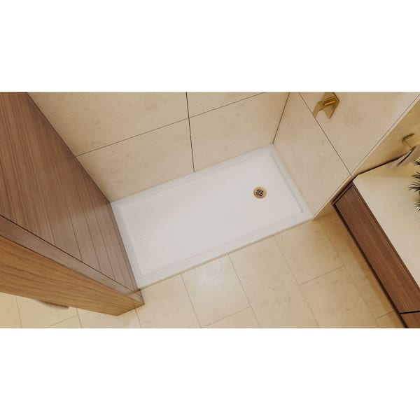SlimLine 60 in. L x 30 in. W Alcove Rectangular White Shower Pan Base with 2 in. Round Right Drain in Matte Black